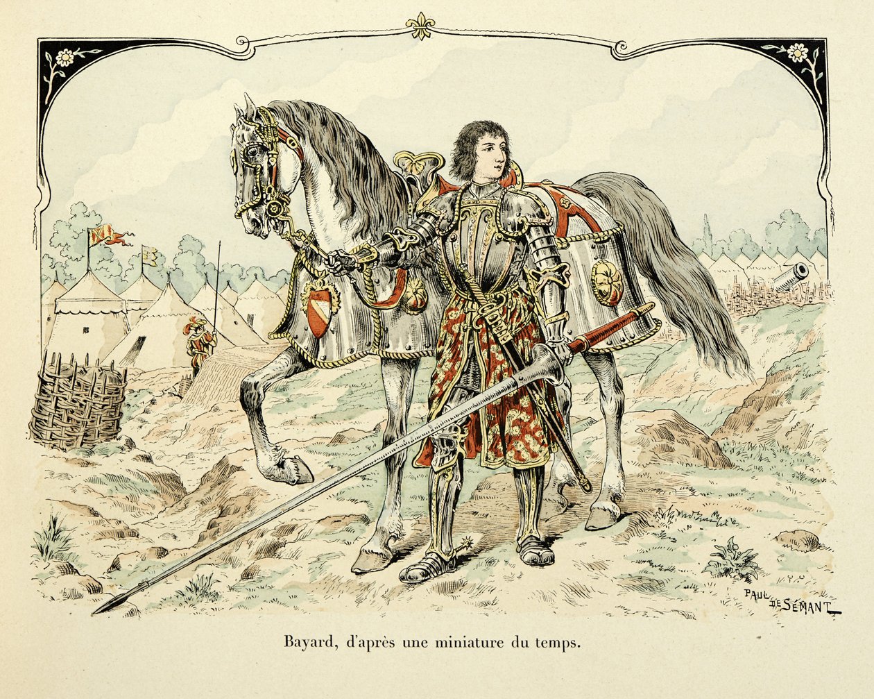 Illustration taget fra bogen "Histoire du chevalier Bayard" af Theodore Cahu, illustreret af Paul De Semant (1855-1915): Portræt af Bayard efter en miniature af perioden af Paul de Semant