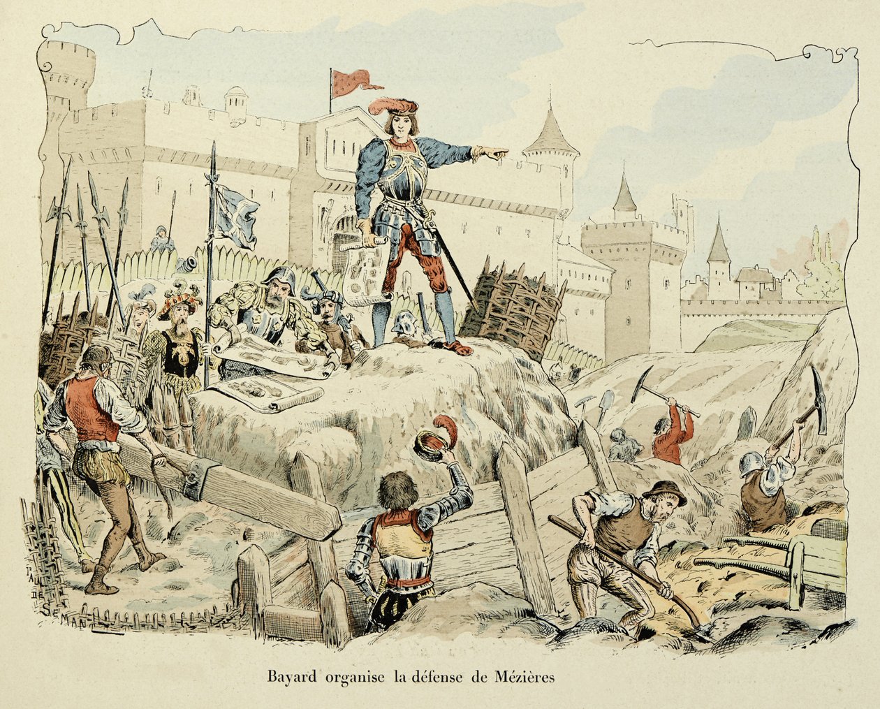 Illustration taget fra bogen "Histoire du chevalier Bayard" af Theodore Cahu, illustreret af Paul De Semant (1855-1915): Bayard organiserer forsvaret af Mezieres 1521 af Paul de Semant