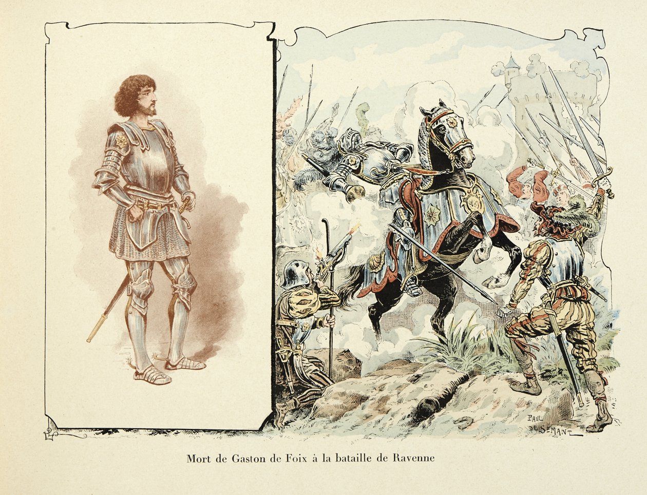 Illustration taget fra bogen "Histoire du chevalier Bayard" af Theodore Cahu, illustreret af Paul De Semant (1855-1915): Death of Gaston de Foix (1489-1512) ved slaget ved Ravenna af Paul de Semant
