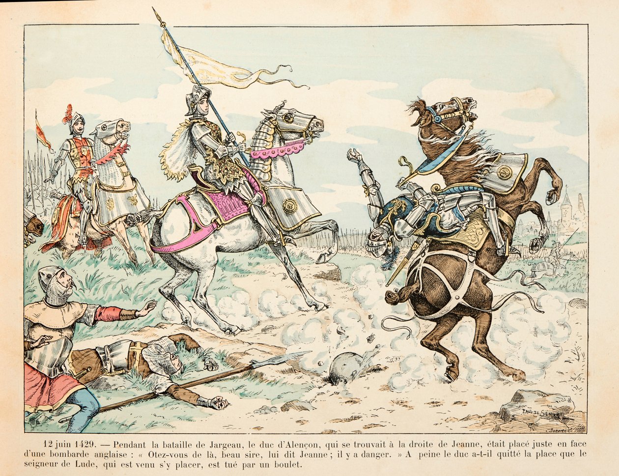 Illustration taget fra bogen "" Joan of Arc "" af Theodore Cahu og illustreret af Paul De Semant (1855-1915): 12. juni 1429 Lord of Lude dræber ved en bold under slaget ved Jargeau før Jeanne d
