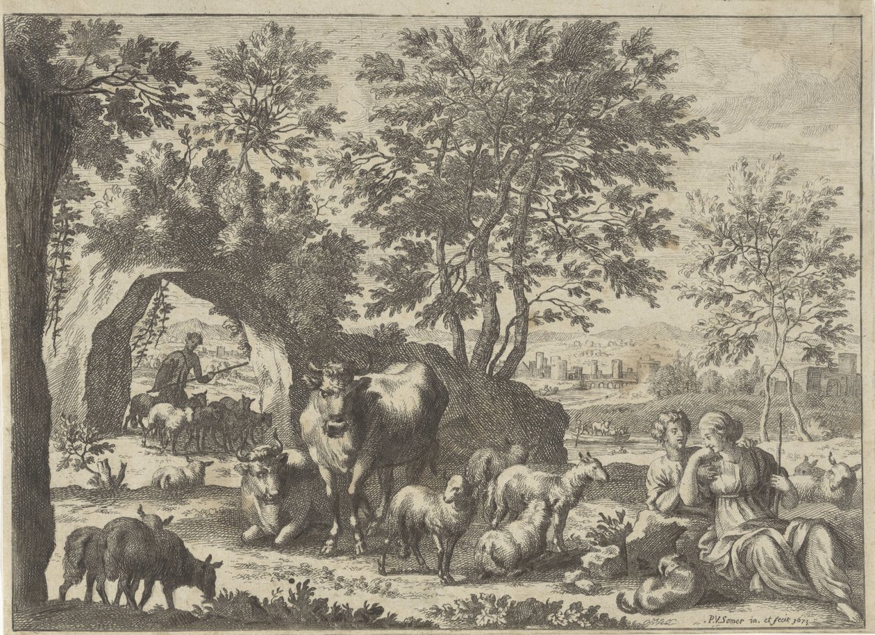 Hyrde og hyrde med en flok af Paul van Somer (II)