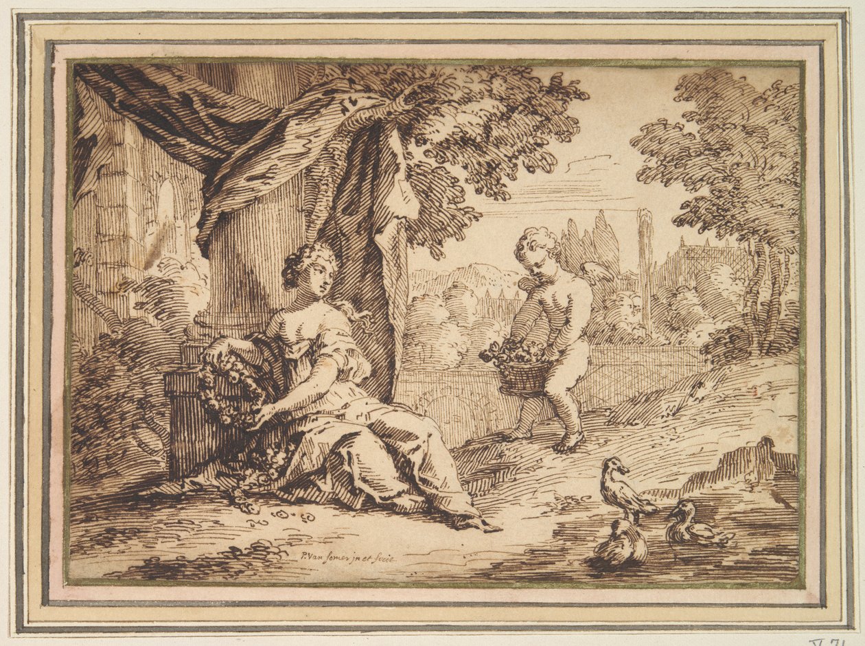 Kvinder siddende under søjle med Putto af Paul van Somer