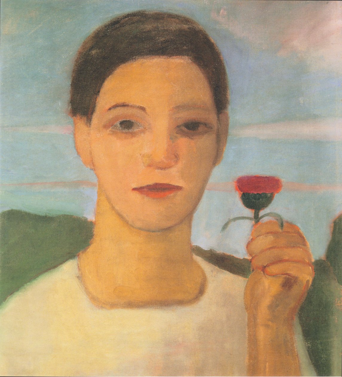 Portræt af søster Herma med en artiskokblomst i sin løftede hånd af Paula Modersohn Becker