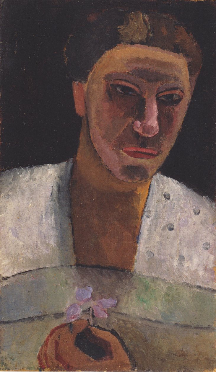 Halvlange portræt af Lee Hoetger med en blomst af Paula Modersohn Becker