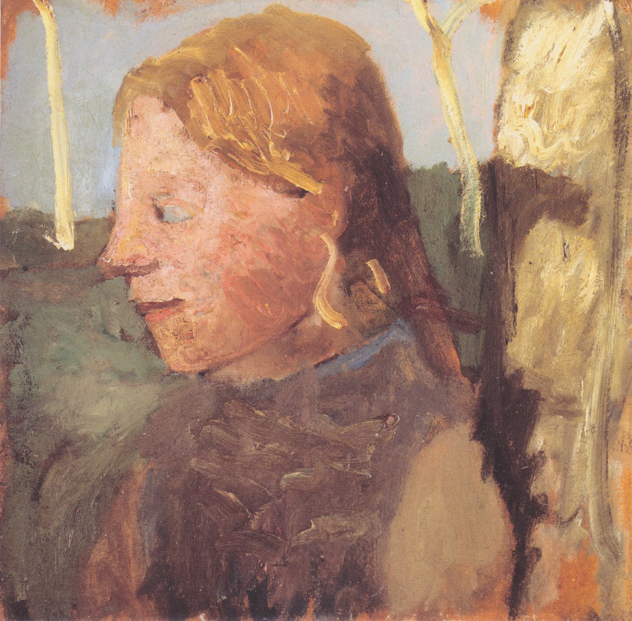 Halvlangt portræt af en pige i profil ved siden af ​​en birkestamme af Paula Modersohn Becker