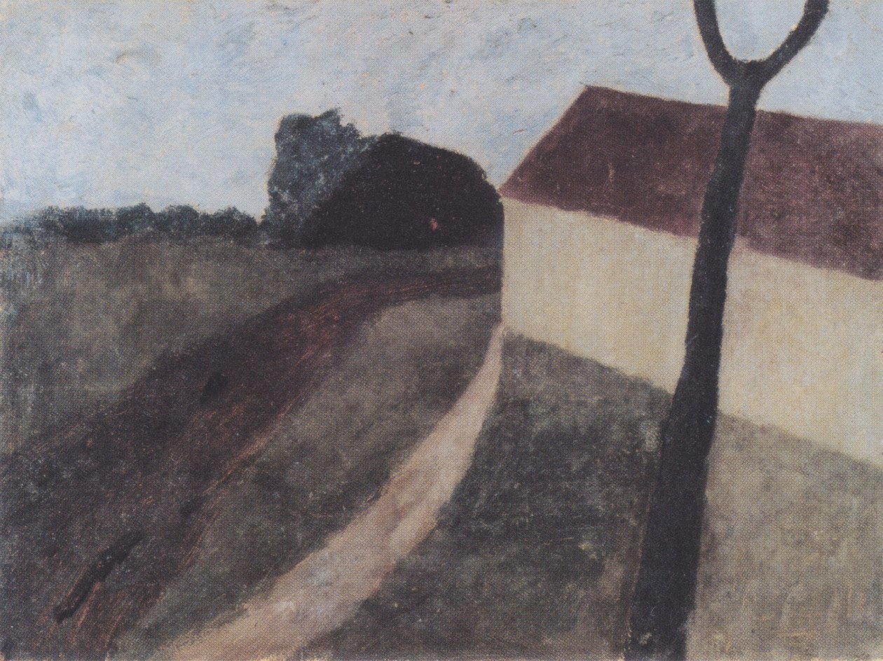 Tusmørke landskab med et hus og en gaffel af en gren af Paula Modersohn Becker