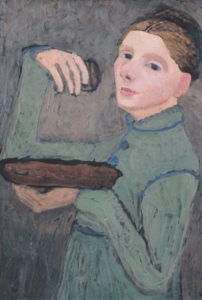 Selvportræt, halvfigur til venstre, med en skål og et glas i hånden af Paula Modersohn Becker