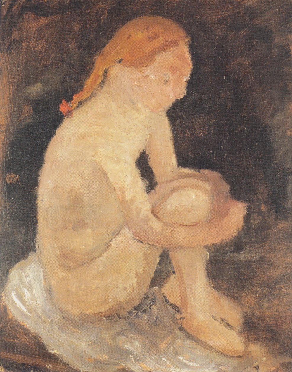 Sidder nøgen pige til højre, med benene trukket op af Paula Modersohn Becker