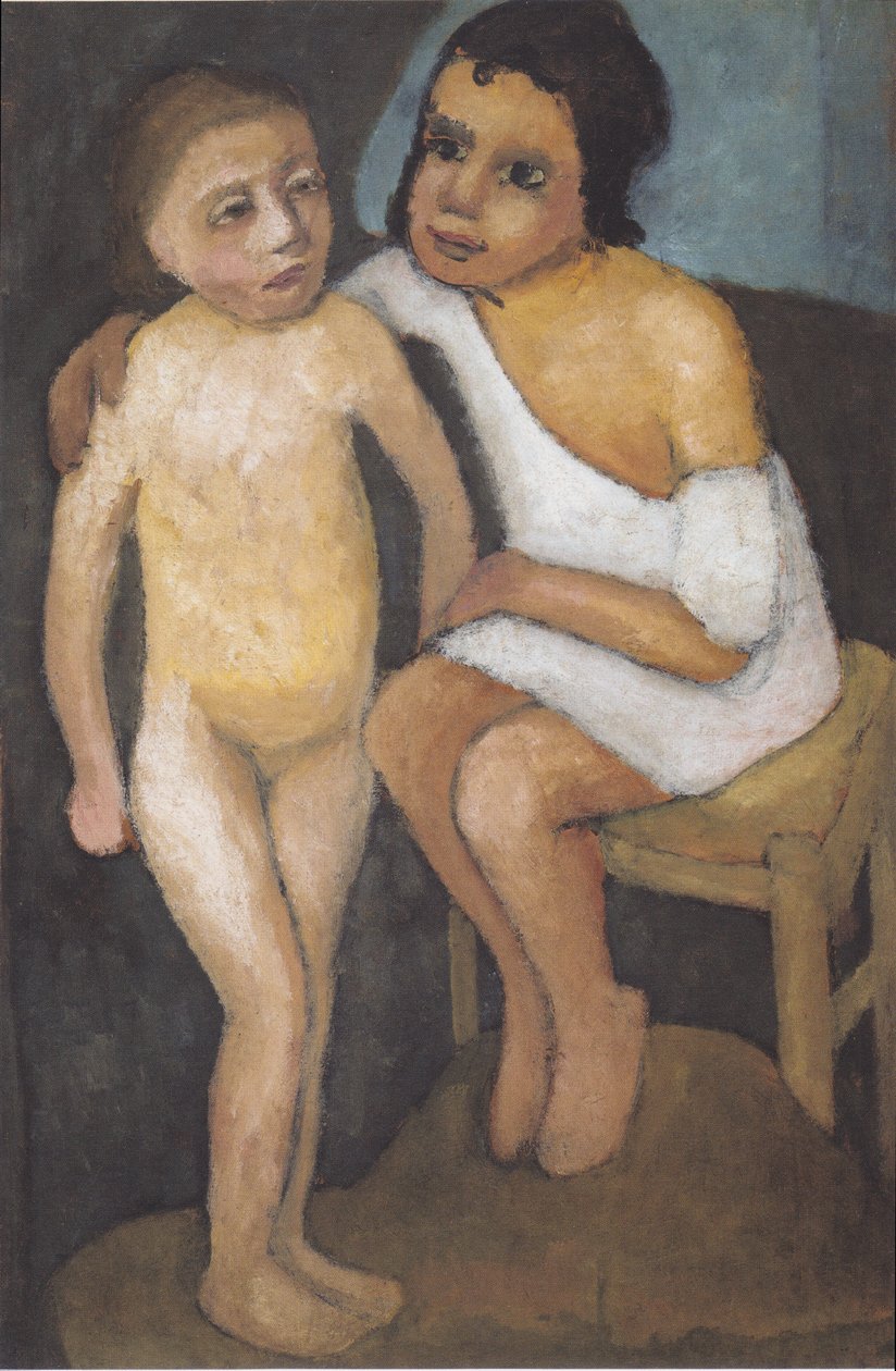 Siddende pige i hvid skjorte og stående nøgen pige af Paula Modersohn Becker