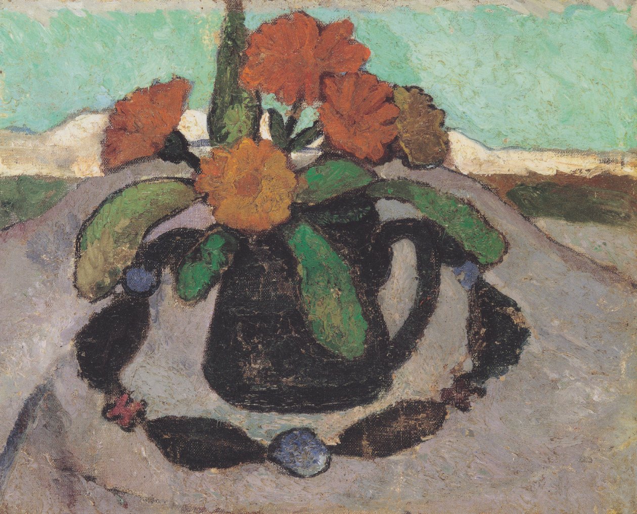 Stilleben med morgenfruer foran et landskab af Paula Modersohn Becker