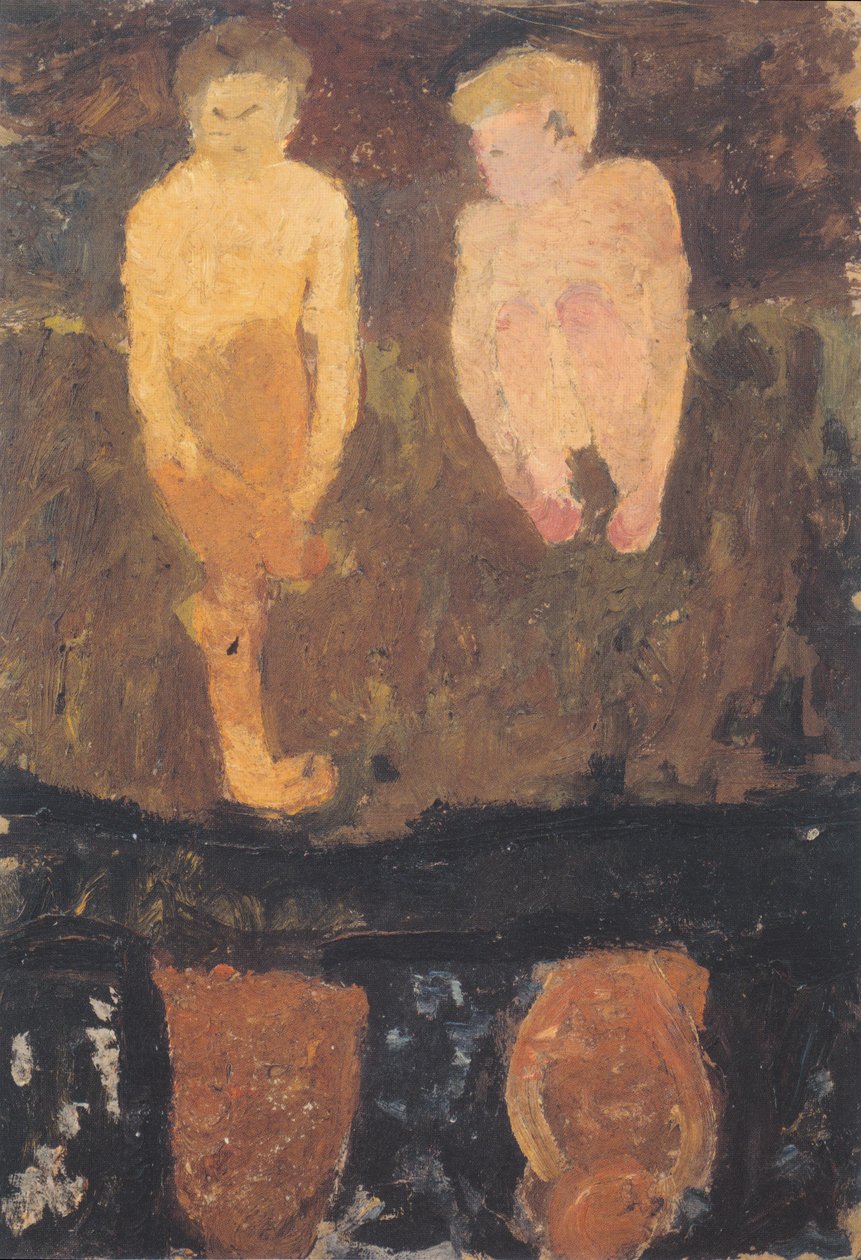 To nøgne drenge hukede sig på bredden II af Paula Modersohn Becker