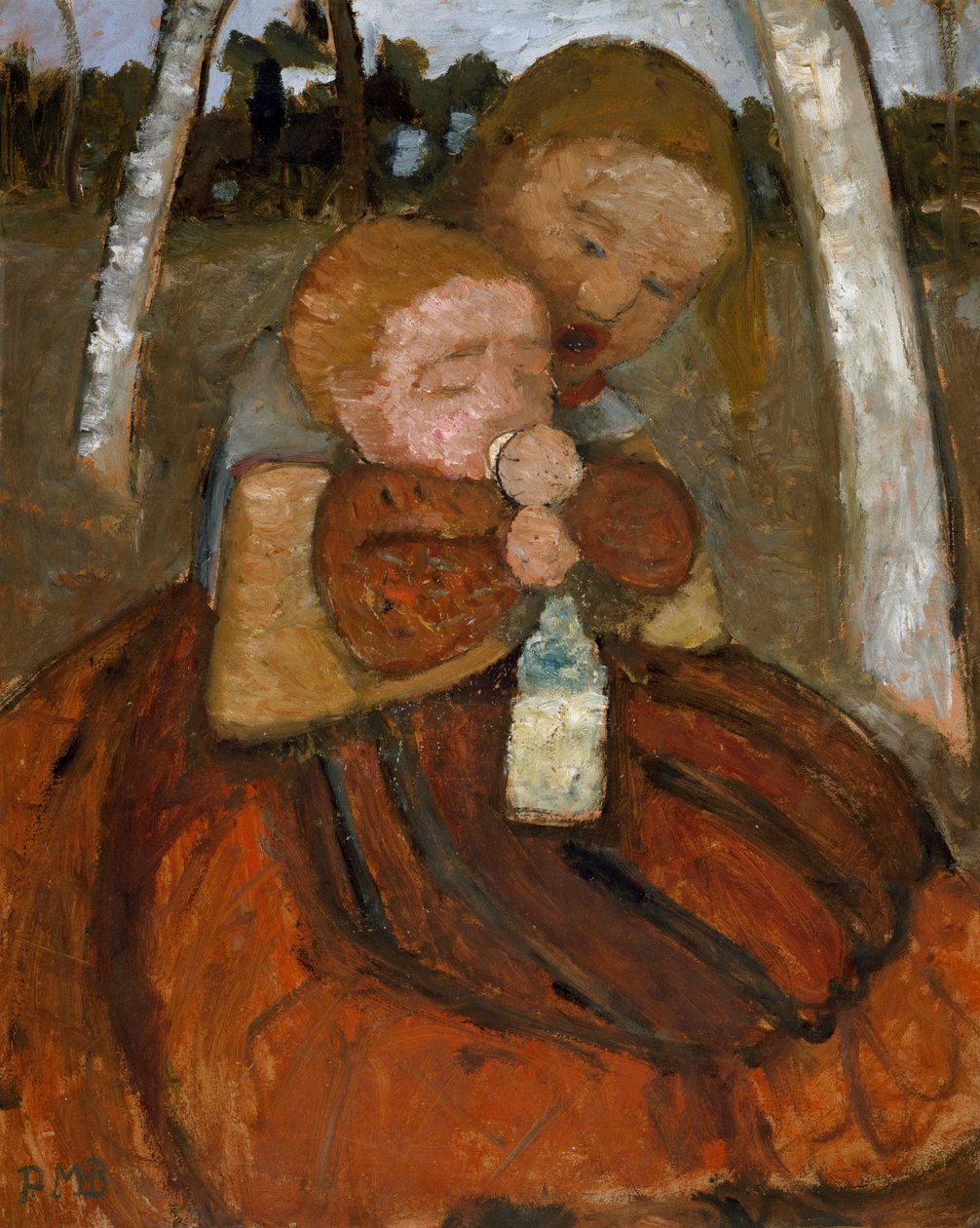 Pige med en baby under birketræer af Paula Modersohn Becker