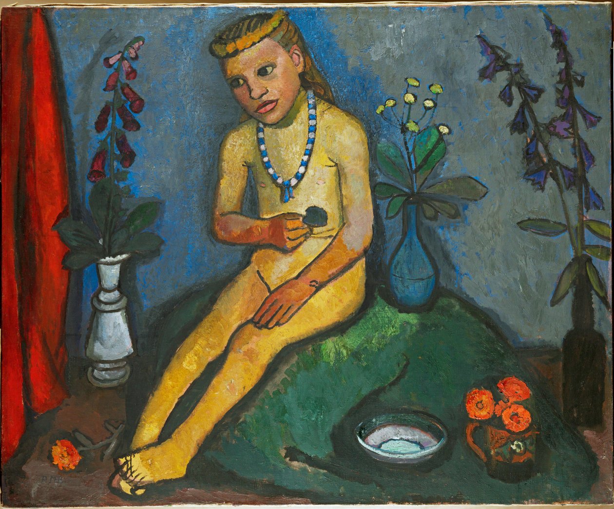 Siddende nøgen pige med blomster (olie på lærred) af Paula Modersohn-Becker