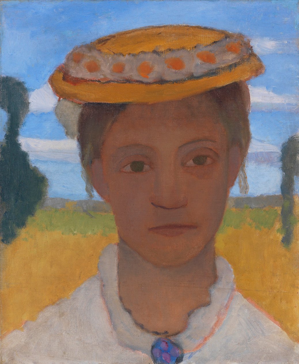 Kunstnerens søster Herma med en krans af tusindfryd på hatten, ca 1901. af Paula Modersohn Becker