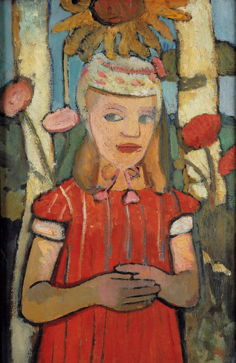 Pige i rød kjole foran solsikke, 1907. af Paula Modersohn Becker