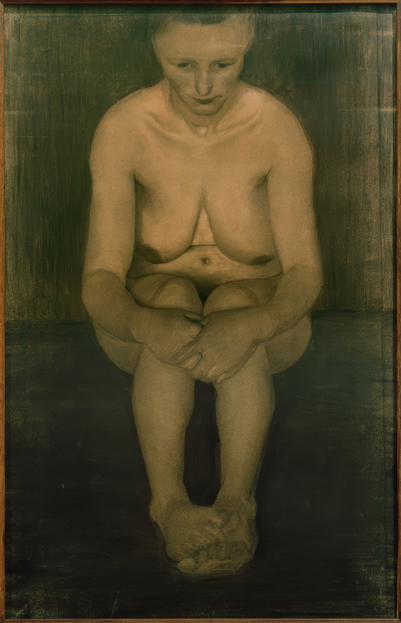 Siddende nøgen kvinde, frontal med fødder placeret oven på hinanden af Paula Modersohn Becker