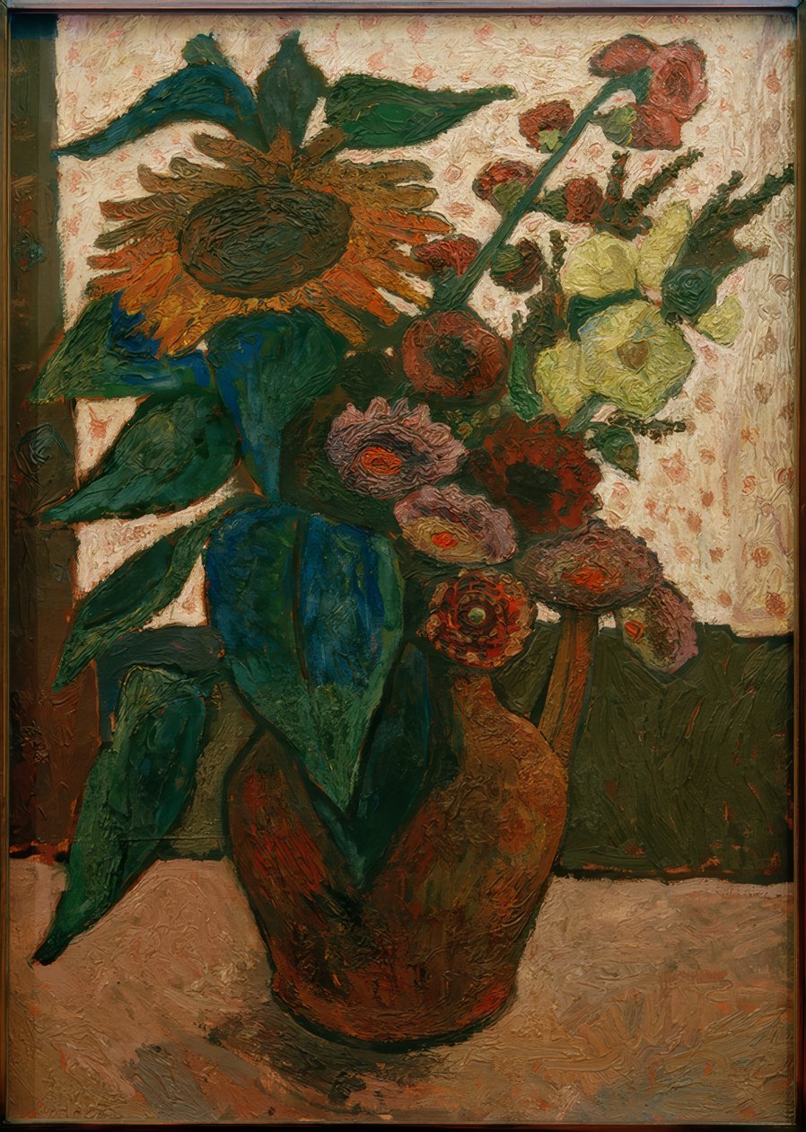 Stilleben med en solsikke, stokroser og georginer af Paula Modersohn Becker
