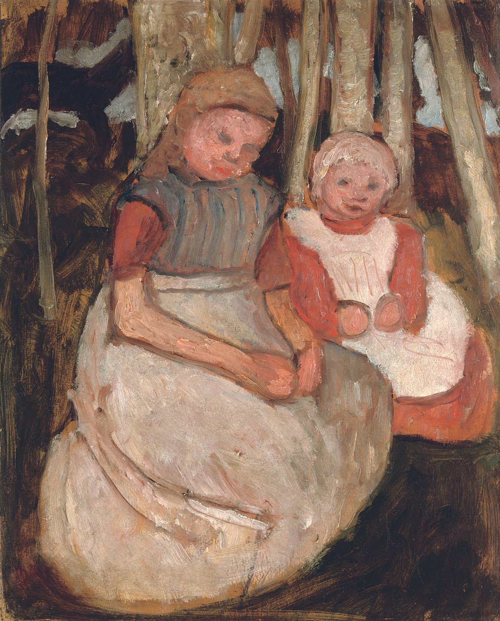 To siddende piger før birkestammer; To siddende piger foran birkestammer, 1904 af Paula Modersohn Becker