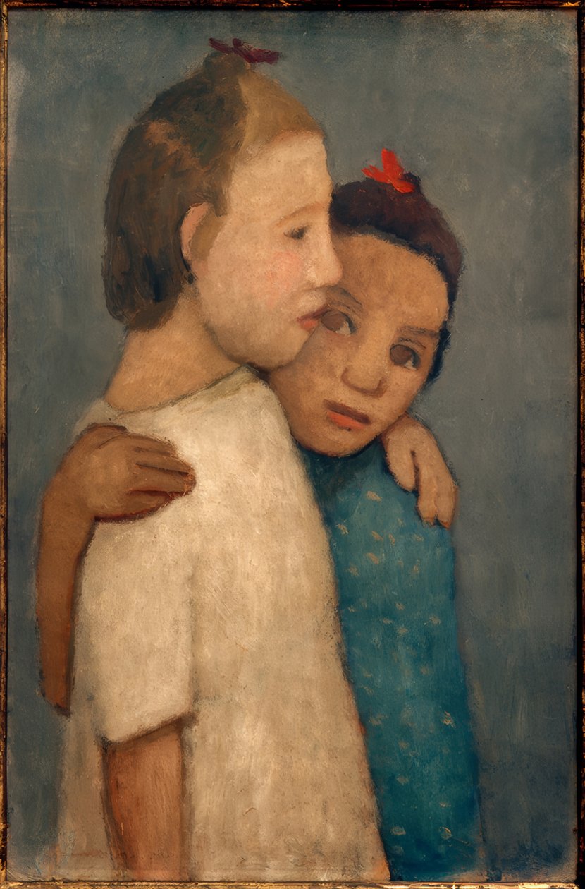 To piger i hvide og blå kjoler, der sidder på skolen. af Paula Modersohn Becker