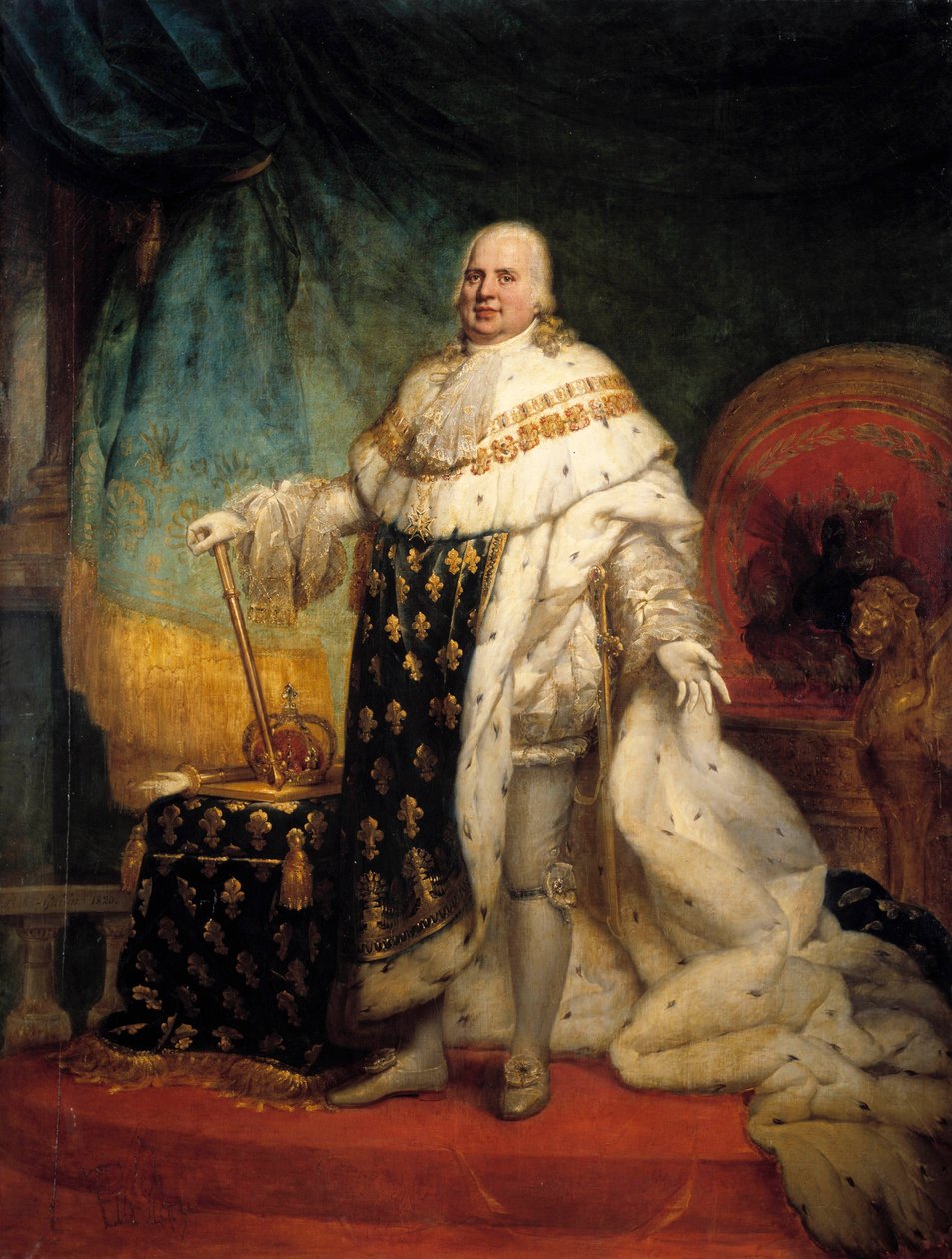 Portræt i fuld længde af Louis XVIII (1755-1824) i kostume af korresponderende maleri af Jean Baptiste Paulin-Guerin (Paulin Guerin) (1783-1855) 1824 Søn. 2,69 x 2,04 m - Portræt i fuld længde af Ludvig XVIII (1755-1824) i kroningsdragt. Maleri af Paulin G af Paulin Jean Baptiste Guerin