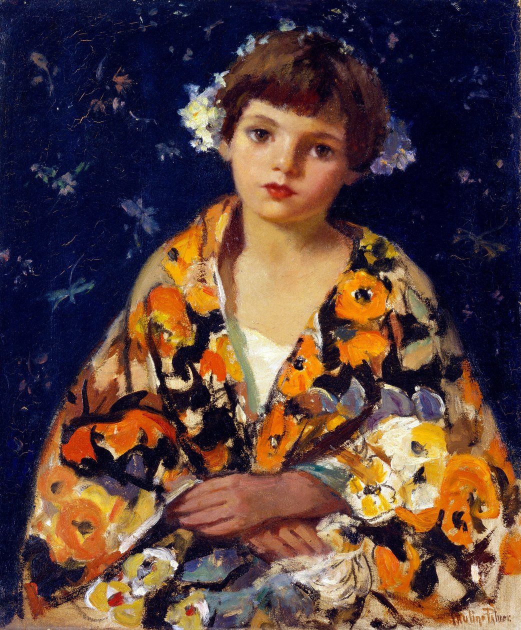 "En pige i kimono. Det fjernøstlige Japans indflydelse på det europæiske impressionistiske maleri. Maleri af Pauline Palmer (1867-1938). Olie på træ. Dim: 60,7 x 50,5cm Privat samling af Pauline Palmer
