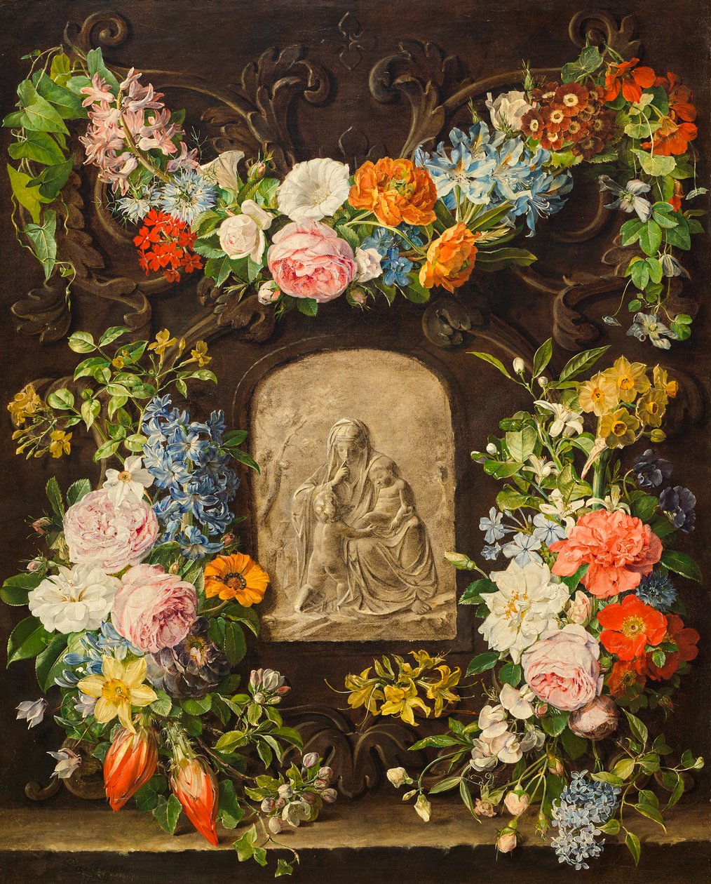 Blomsterkrans med Madonna-relief af Pauline von Koudelka Schmerling