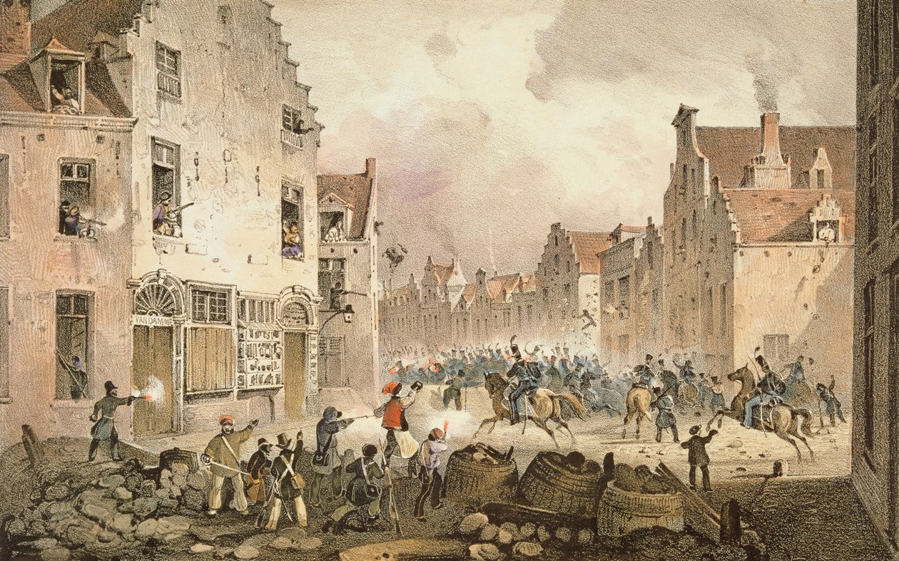 Kampe og barrikader i Rue de Flandre, Bruxelles, 23. september 1830, indgraveret af Dewasme-Pletinckx af Paulus Lauters