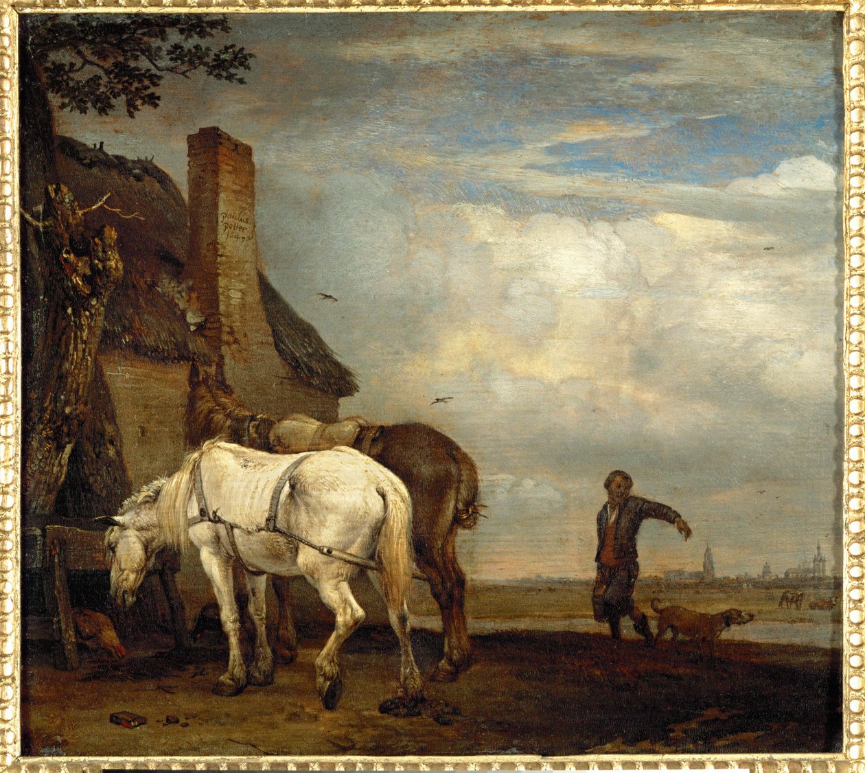 To arbejdsheste foran et bondehus ... af Paulus (attr.to) Potter
