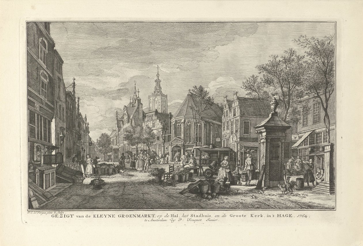 Udsigt over det daglige grøntmarked i Haag Udsigt over Kleyne Groenmarkt på Hal, Rådhuset og Groote Kerk i Haag (titel på objektet) Otte ansigter i Haag (serietitel) af Paulus Constantijn la Fargue
