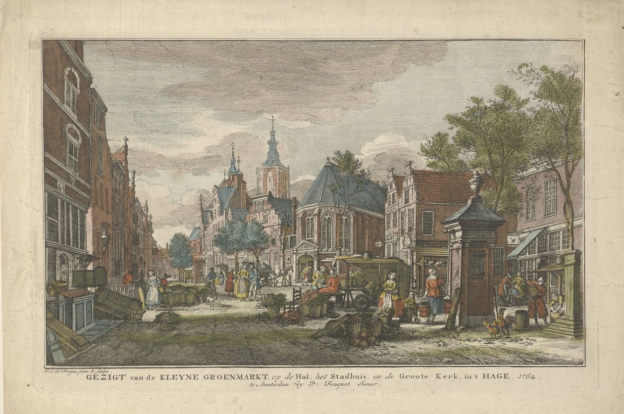 Udsigt over det daglige grøntmarked i Haag Udsigt over Kleyne Groenmarkt på Hal, Rådhuset og Groote Kerk i Haag (titel på objektet) Otte ansigter i Haag (serietitel) af Paulus Constantijn la Fargue