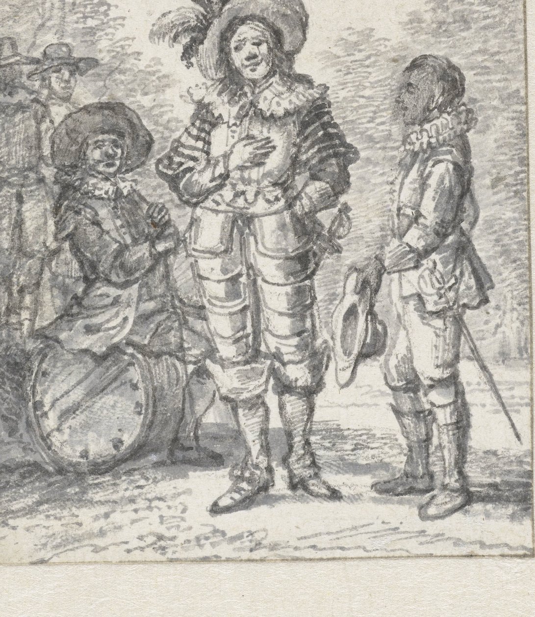 Design til en teatergruppeillustration: to stående figurer og en siddende figur af Paulus Constantijn la Fargue