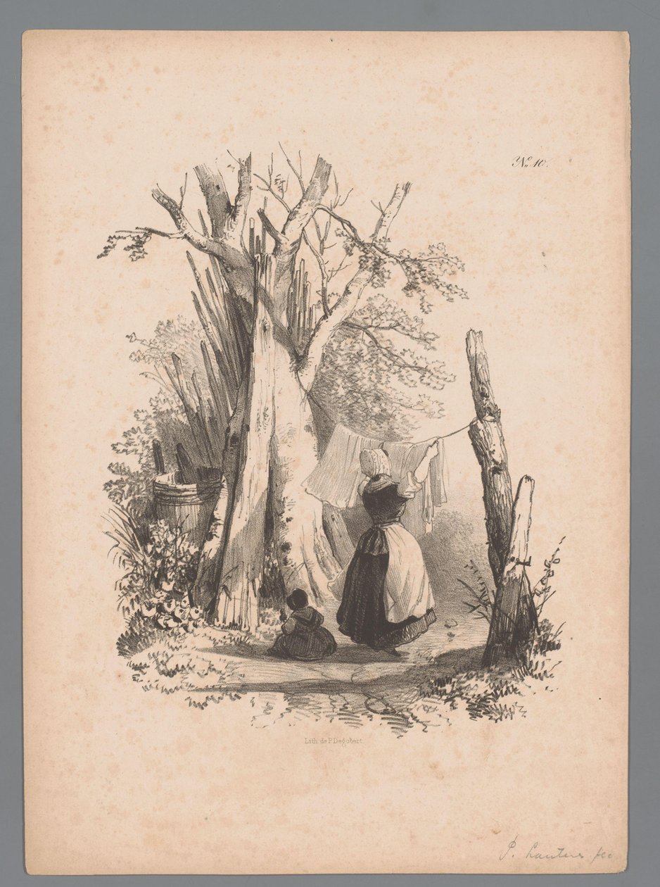 Landskab med en kvinde, der hænger vasketøjet op Landscape Studies af Paulus Lauters (serietitel) Nouvelle suite de 40 études de paysages af P. Lauters (serietitel) af Paulus Lauters (attributed to)