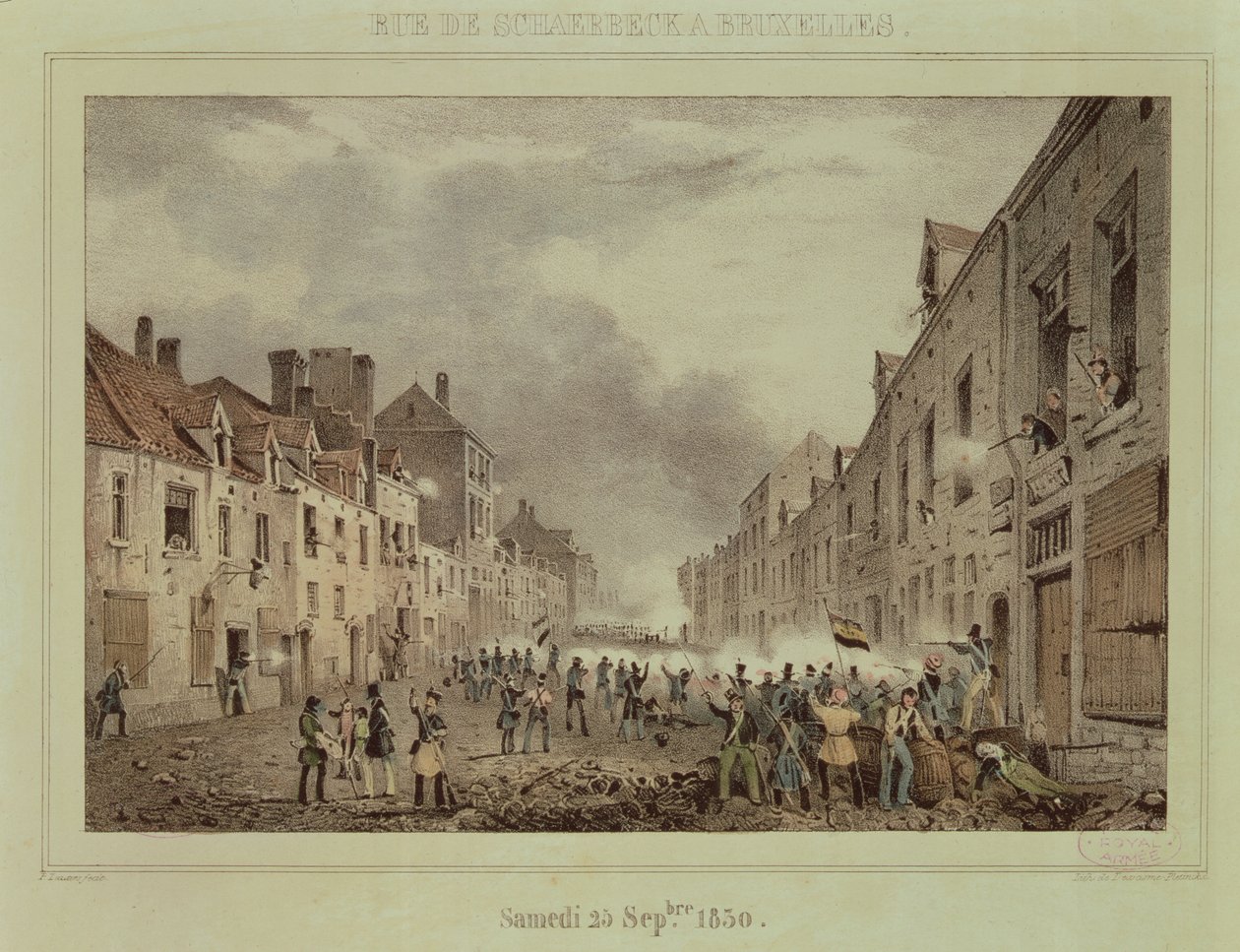Kamp i Rue Schaerbeek, Bruxelles, søndag den 25. september 1830, indgraveret af Dewas Me-Pletinckx af Paulus Lauters