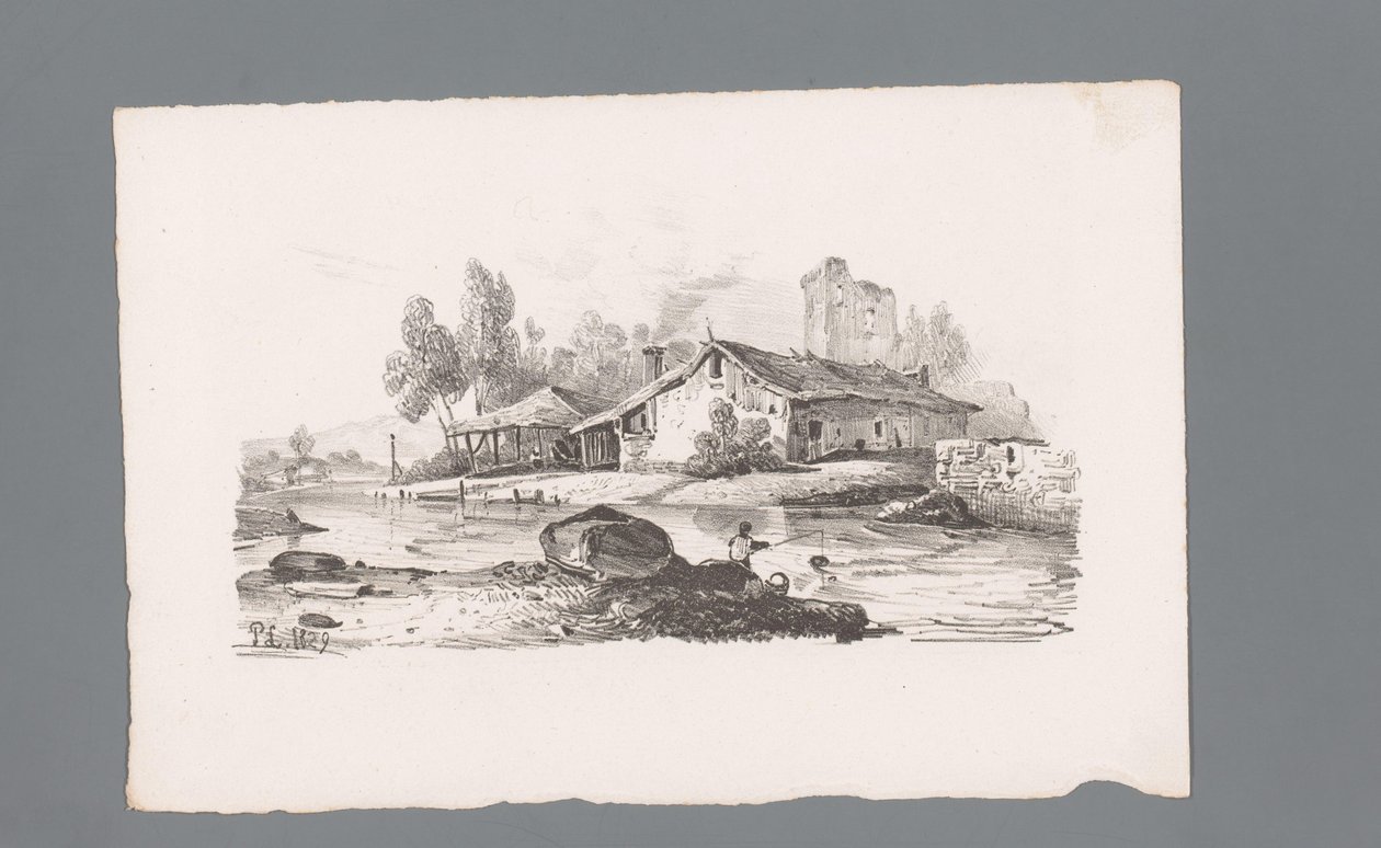 Udsigt over et hus beliggende ved en flod Principper for landskaber (serietitel) Principles de paysages (serietitel) af Paulus Lauters