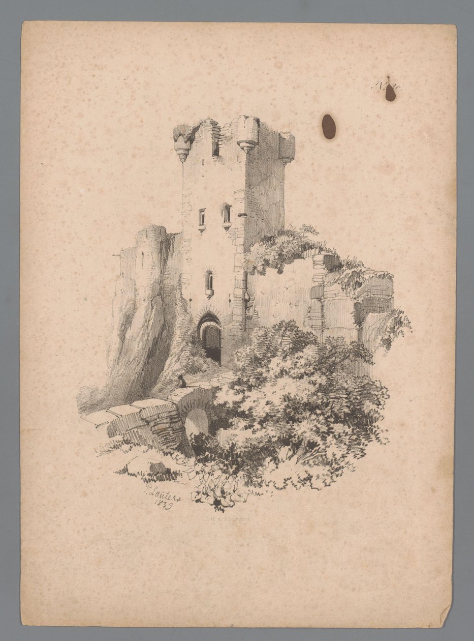 Udsigt over et ødelagt tårn med port Landscape Studies af Paulus Lauters (serietitel) Nouvelle suite de 40 études de paysages af P. Lauters (serietitel) af Paulus Lauters