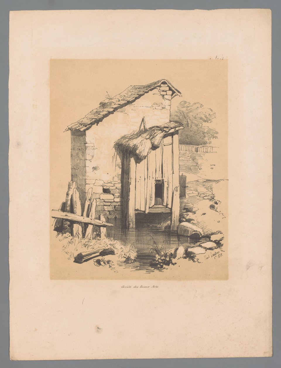 Udsigt til en lade på vandet Forêt (titel på objekt) Maleriske ansigter af Paulus Lauters (serietitel) Etrennes pittoresques pour 1839, af Lauters (serietitel) af Paulus Lauters