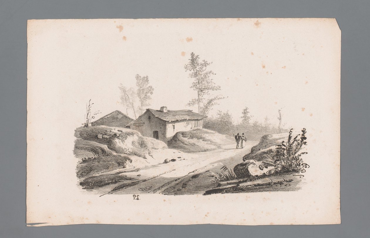 Bakket landskab med landevej og huse Principper for landskaber (serietitel) Principles de paysages (serietitel) af Paulus Lauters