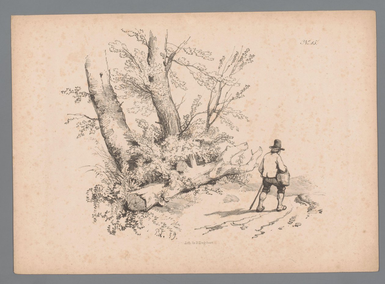 Landskab med træer og en mand med vandrestav og kurv Landscape Studies af Paulus Lauters (serietitel) Nouvelle suite de 40 études de paysages af P. Lauters (serietitel) af Paulus Lauters