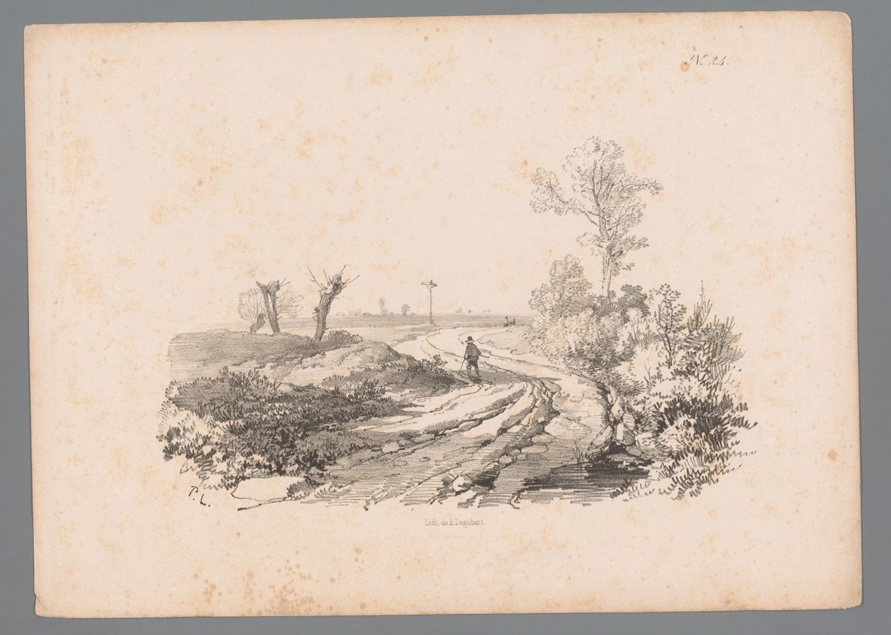 Landskab med en figur med en vandrestav på en landevej Landscape Studies af Paulus Lauters (serietitel) Nouvelle suite de 40 études de paysages af P. Lauters (serietitel) af Paulus Lauters