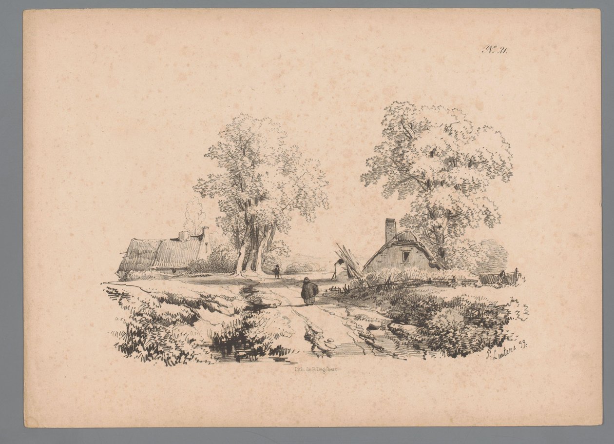 Landskab med to huse og to figurer på en vej Landscape Studies af Paulus Lauters (serietitel) Nouvelle suite de 40 études de paysages af P. Lauters (serietitel) af Paulus Lauters