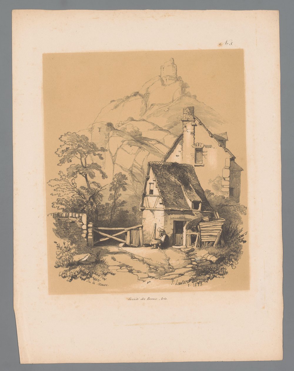 Meuse landskab med et hus ved foden af ​​et bjerg med en ruin på toppen Sur la Meuse (titel på objekt) Maleriske ansigter af Paulus Lauters (serietitel) Etrennes pittoresques pour 1839, af Lauters (serietitel) af Paulus Lauters