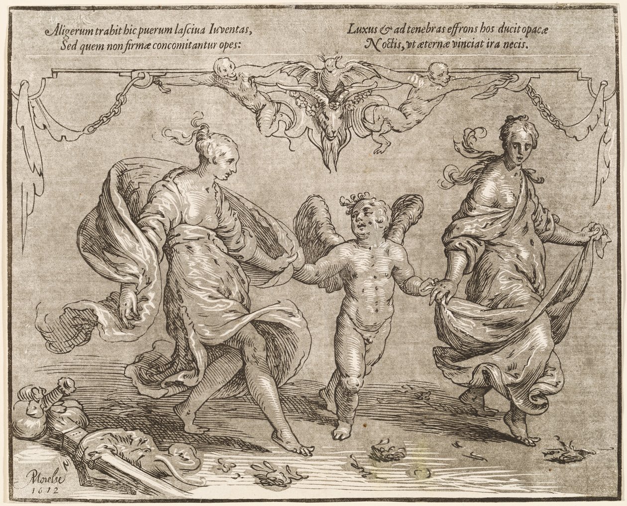 Amor danser med to allegoriske kvinder af Paulus Moreelse