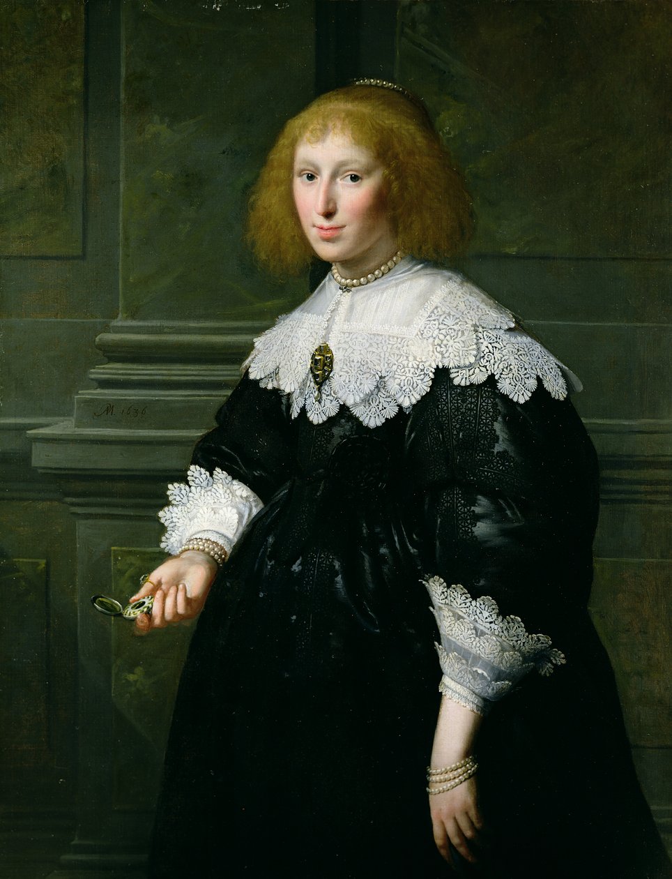 Portræt af en dame, der holder et ur af Paulus Moreelse