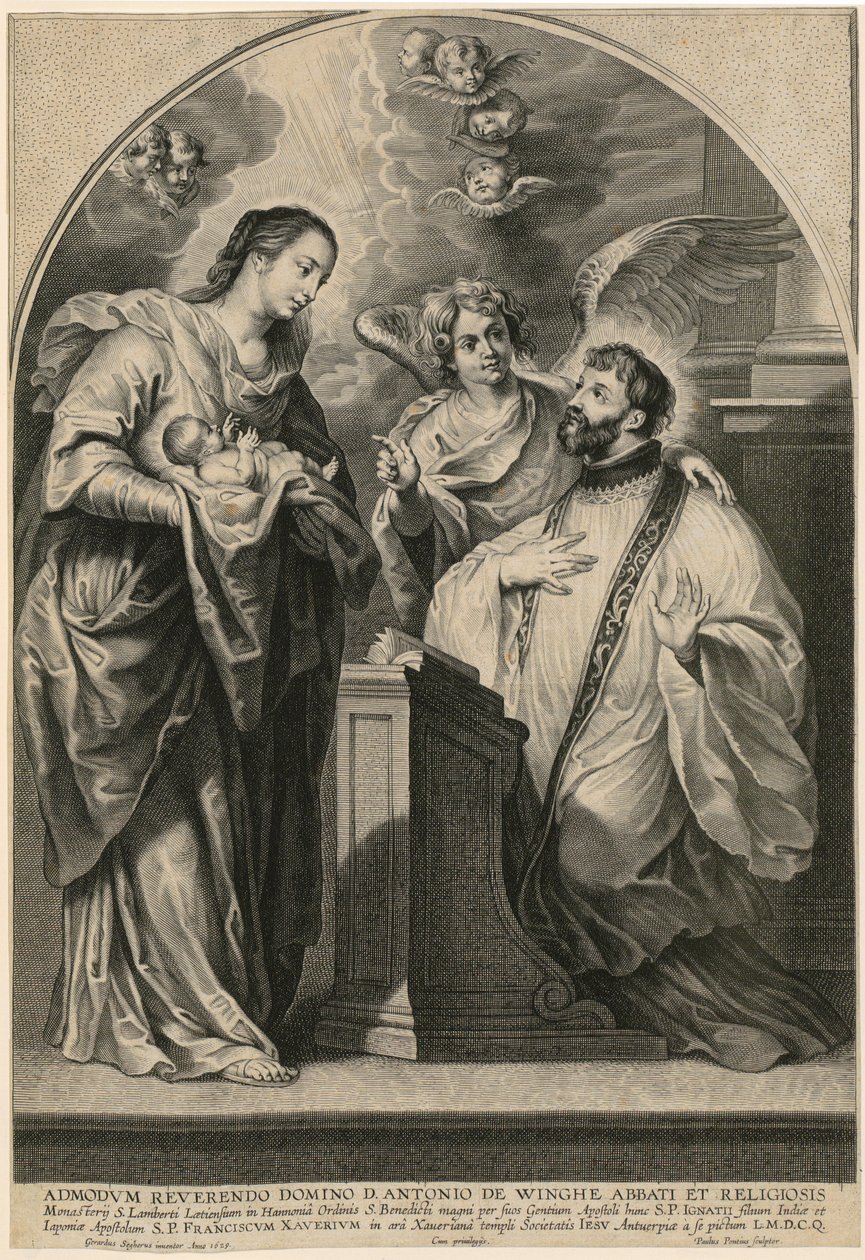 Madonna med barnet viser sig for den knælende Sankt Frans Xavier af Paulus Pontius