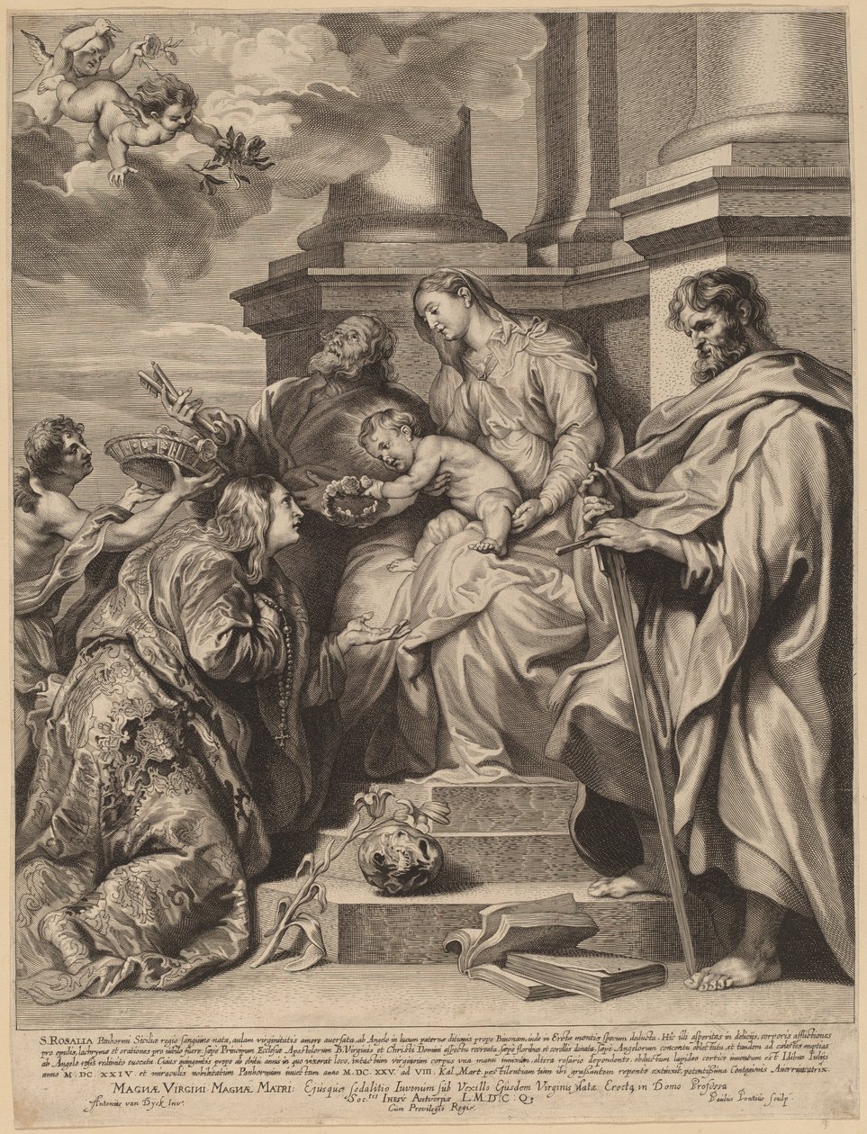Sankt Rosalia kronet af Jesusbarnet af Paulus Pontius, after Sir Anthony van Dyck
