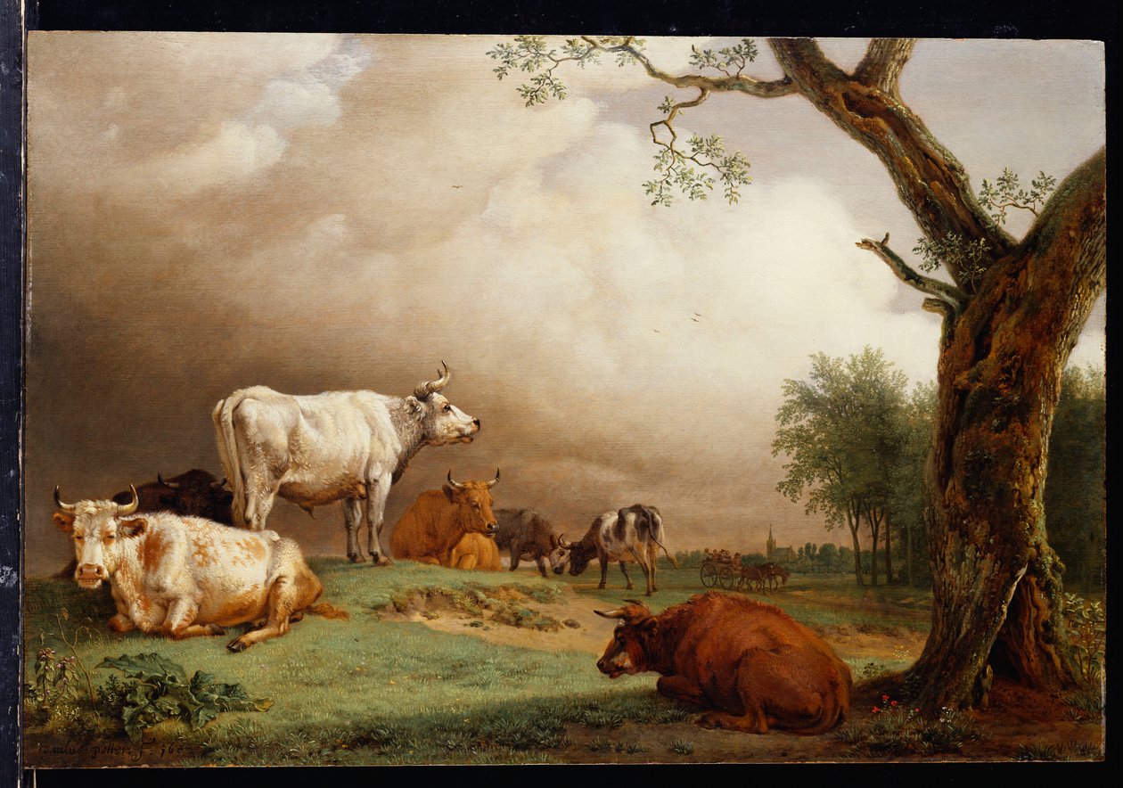 Kvæg på en mark, med rejsende i en vogn på et spor udenfor og et kirketårn i det fjerne, en regnstorm nærmer sig, 1652 af Paulus Potter