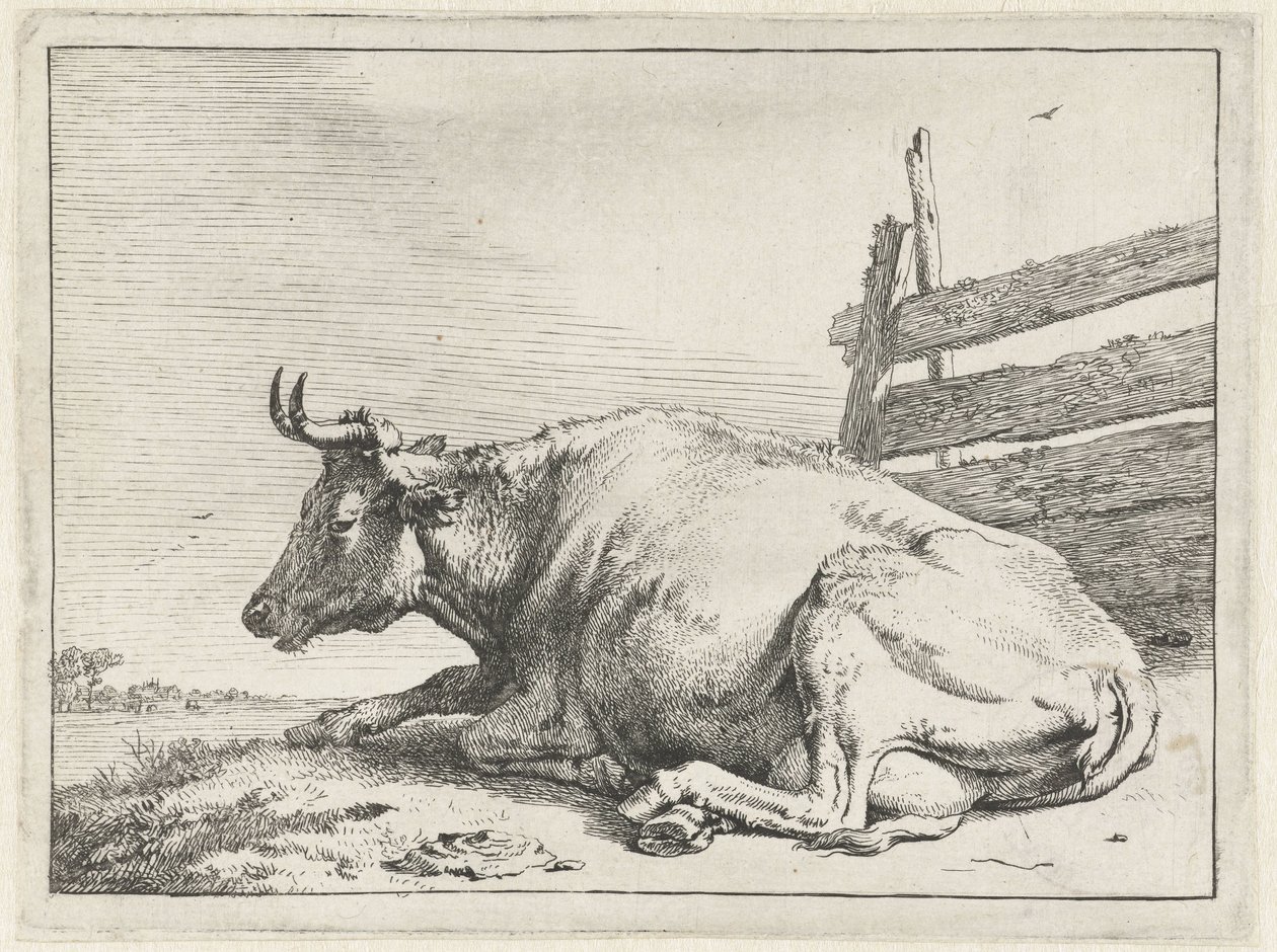 Liggende ko ved et hegn The Bullen-hæftet (serietitel) af Paulus Potter