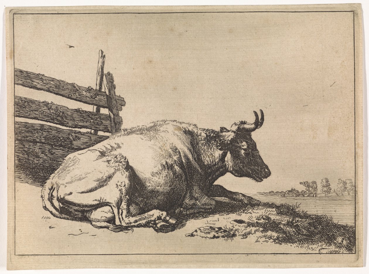 Liggende ko ved et hegn The Bullen-hæftet (serietitel) af Paulus Potter