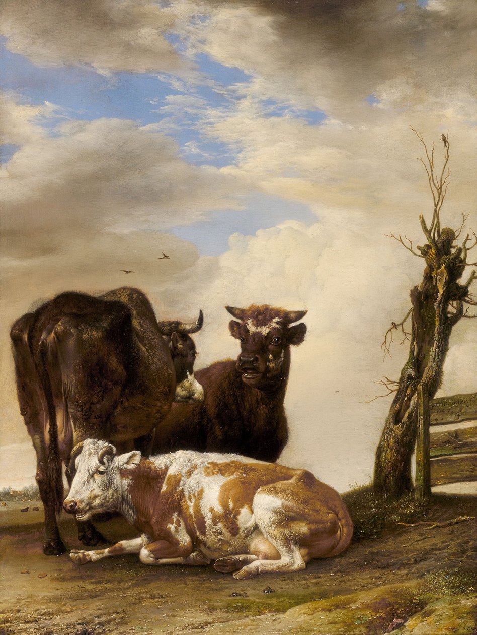 To køer og en ung tyr ved siden af et hegn på en eng af Paulus Potter
