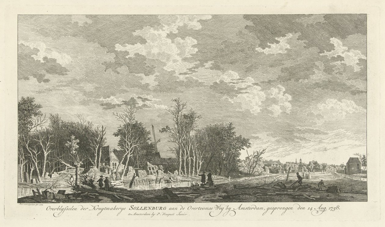 Ruin af Sollenburgs krudtfabrik efter eksplosionen den 14. august 1758 Rester af kruytmakerye Sollenburg ved Overtoomse Weg nær Amsterdam, sprang den 15. august 1758 (titel på objektet) af Paulus van Liender